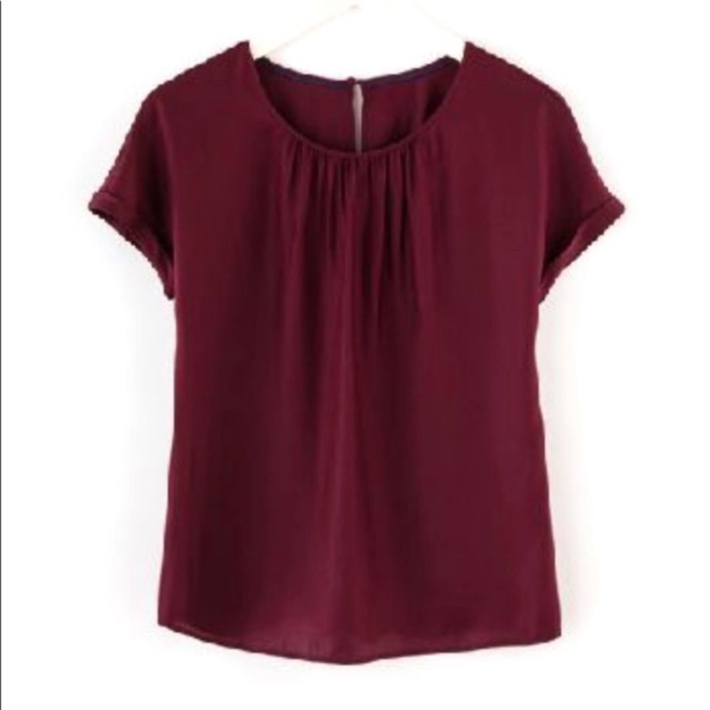 Boden / Ravenna Burgundy Short Sleeve silk blend Gathered Neck Blouse